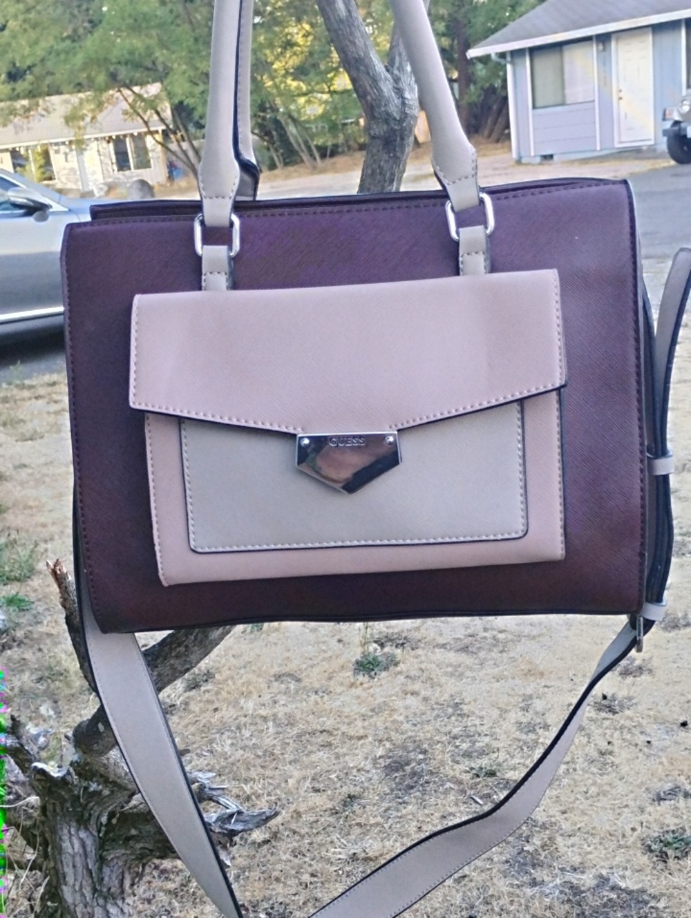 Guess Two-Tone Structured Satchel in Mauve and Beige